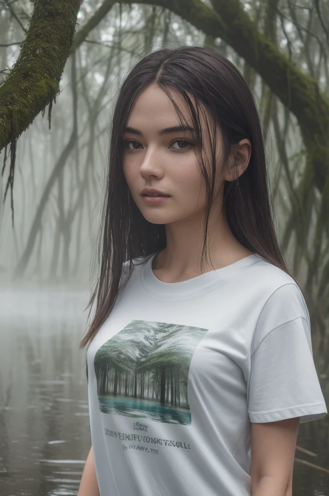 portrait of S480_WinterBell,a beautiful woman,in a (misty swamp:1.1),wearing a (t-shirt),(wet hair),(4k, RAW photo, best quality, 50mm, depth of field, ultra high res:1.1),(intricate, photorealistic, cinematic-shot, masterpiece, ultra-detailed:1.1),