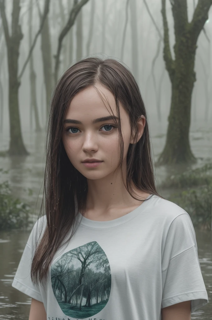 portrait of S480_WinterBell,a beautiful woman,in a (misty swamp:1.1),wearing a (t-shirt),(wet hair),(4k, RAW photo, best quality, 50mm, depth of field, ultra high res:1.1),(intricate, photorealistic, cinematic-shot, masterpiece, ultra-detailed:1.1),