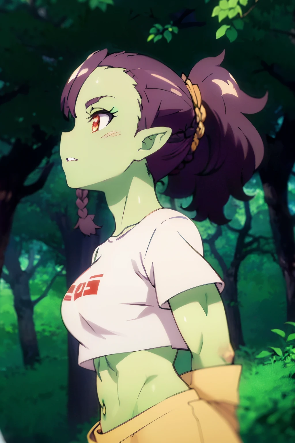 photo of beautiful Orc, RAW, beautiful woman, (portrait), (detailed anime face:1.2), (detailed green skin, dark green makeup, smooth green skin: 1.22), (Long dark braided ponytail: 1.4), (perfect proportioned body, Strong, muscular, narrow waist, narrow hips, skinny, medium breasts), (she wears a cropped t-shirt, pajama pants), (detailed dark Forest, giant trees), (realistic photo, best quality, detailed), (8k wallpaper), (cinematic lighting, beautiful light, (day:1.3)) (sharp focus, intricate)