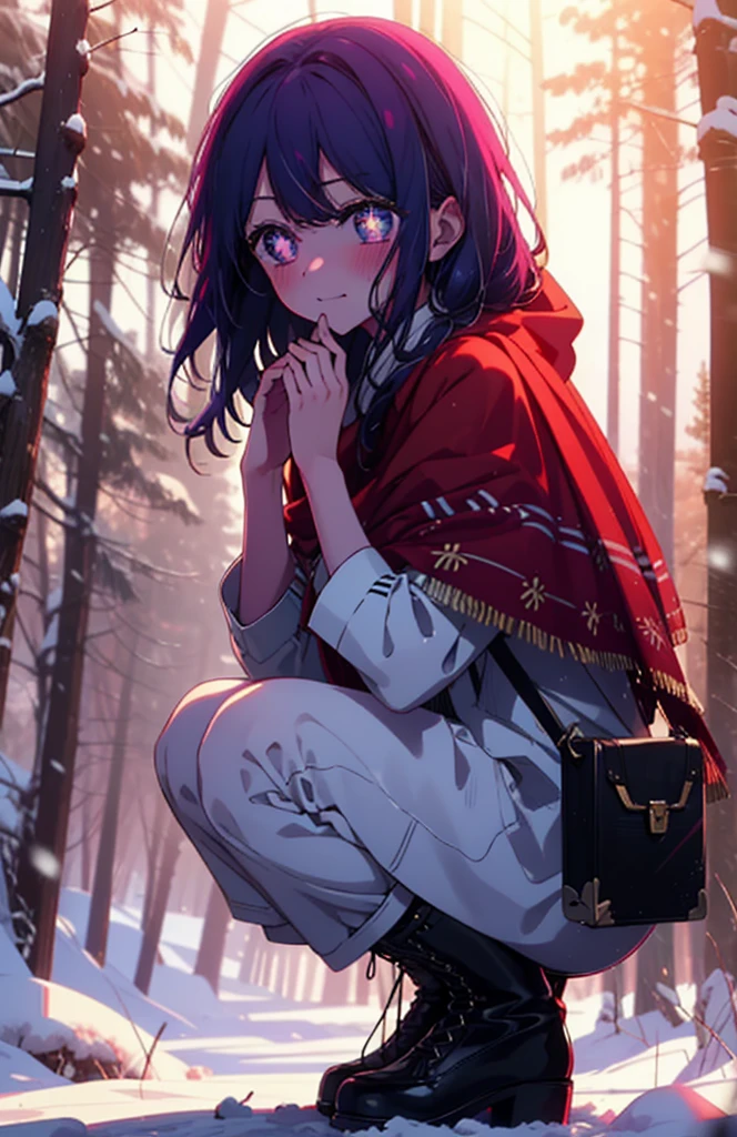 aihoshino, Ai Hoshino, Long Hair, bangs, (Purple eyes:1.1), Purple Hair, (Symbol-shaped pupil:1.5), smile,,smile,blush,white breath,
Open your mouth,snow,Ground bonfire, Outdoor, boots, snowing, From the side, wood, suitcase, Cape, Blurred, , forest, White handbag, nature,  Squat, Mouth closed, Cape, winter, Written boundary depth, Black shoes, red Cape break looking at viewer, Upper Body, whole body, break Outdoor, forest, nature, break (masterpiece:1.2), Highest quality, High resolution, unity 8k wallpaper, (shape:0.8), (Beautiful and beautiful eyes:1.6), Highly detailed face, Perfect lighting, Highly detailed CG, (Perfect hands, Perfect Anatomy),