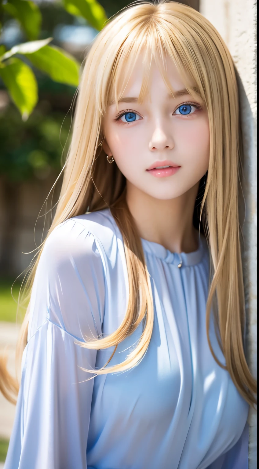 Unparalleled beauty、Sexy and very beautiful face、Very long、Silky, shiny blonde hair、Swinging long bangs、Sexy ************、beautiful cute pearl eyes beautiful girl、Silky skin、Very big blue eyes