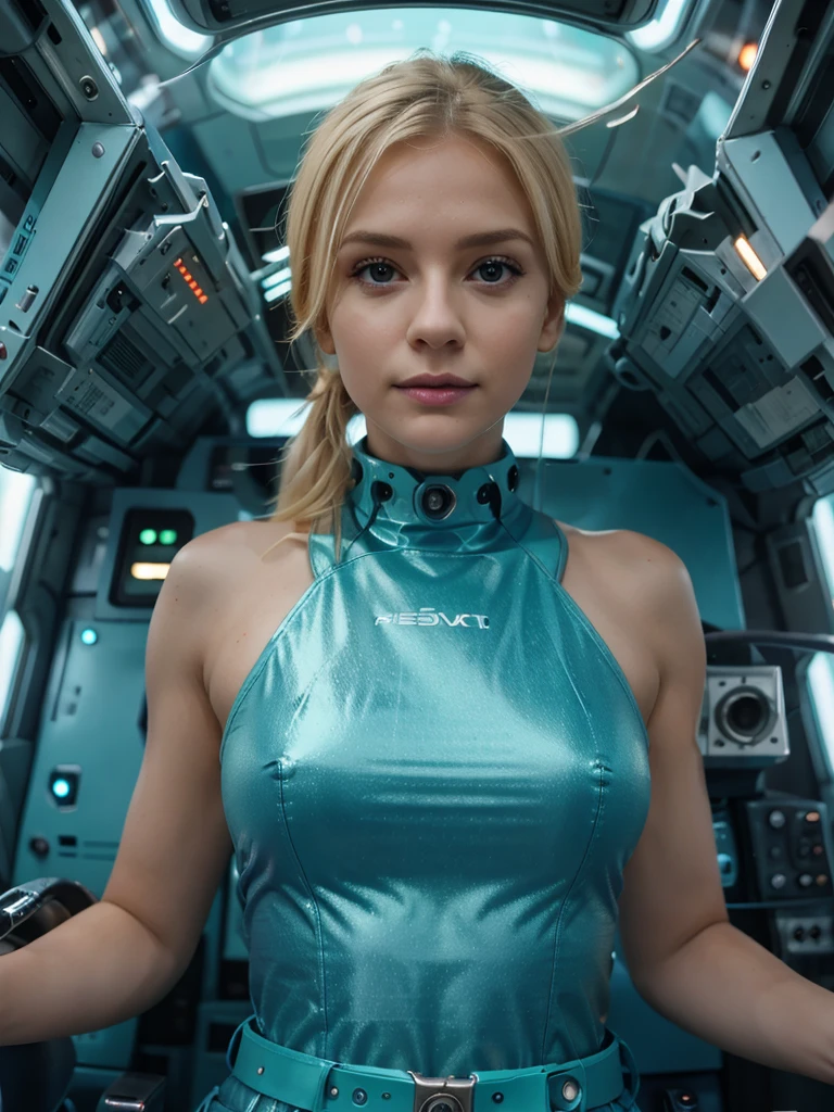 beautiful milf, 39 years old, blonde hair, light green eyes, looking at the camera, operating a spaceship cockpit, screens and controls around, dressed in a futuristic teal space suit, interior spaceship background