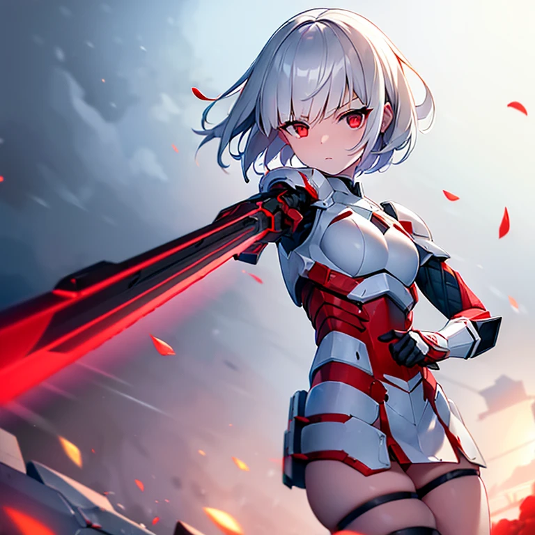 (girl)(white short hair)(red eyes)(Driving exoskeleton armor)(Cool battle scenes)(The blade flickers)(Fierce clash of weapons)(Injuried)(battle Mask)(In the hail of bullets)(in combat)(night)4K