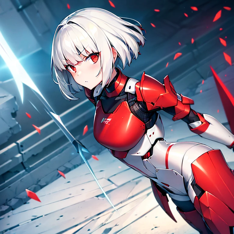 (girl)(white short hair)(red eyes)(Driving exoskeleton armor)(Cool battle scenes)(The blade flickers)(Fierce clash of weapons)(Injuried)(battle Mask)(In the hail of bullets)(in combat)(night)4K
