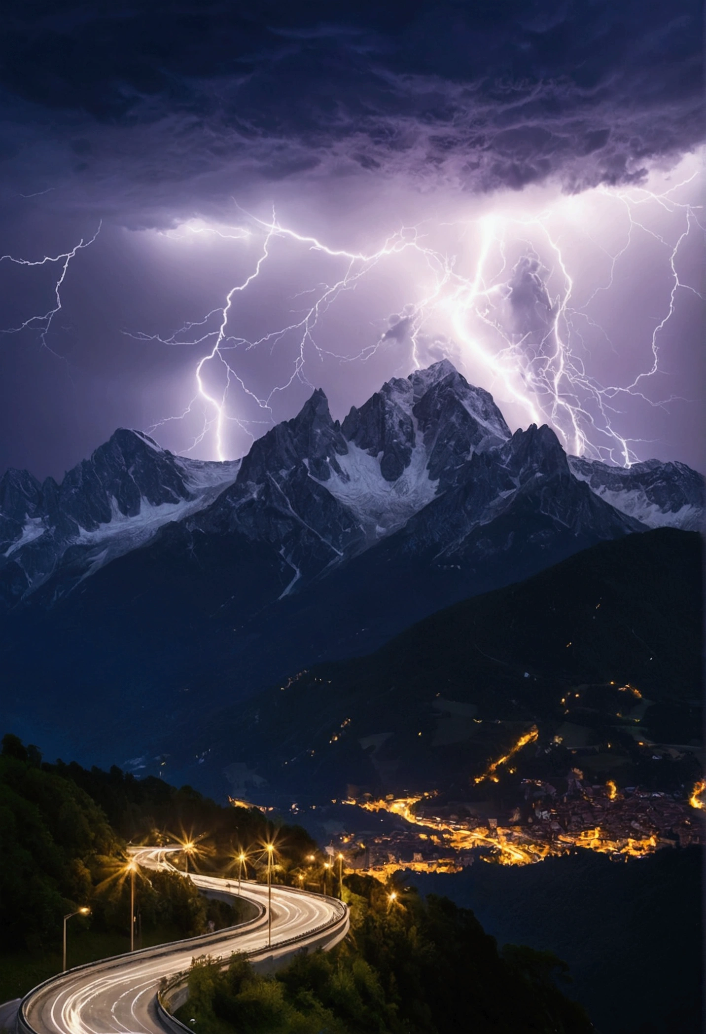 High-detail images、RAW Photos、Realistic texture、A thunderclap that shook the world、Beautiful Lightning、Beautiful night view、The magnificent Alps