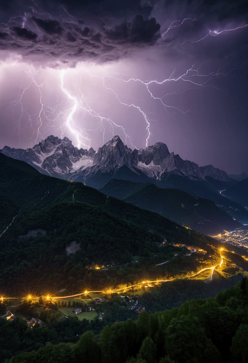 High-detail images、RAW Photos、Realistic texture、A thunderclap that shook the world、Beautiful Lightning、Beautiful night view、The magnificent Alps