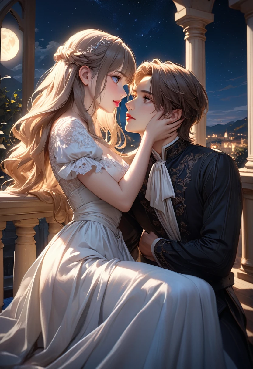 a romantic balcony scene at night, Romeo kneeling before Juliet, two lovers confessing their love, romantic shadows intertwined, starlit sky above, full moon shining, whispering secrets under the night,intricate details, beautiful delicate(hair,face,eyes,pupils,longeyelash, lips), beautiful detailed cute face and eyes, (best quality,8k,highres,masterpiece:1.2),ultra-detailed,realistic,photorealistic,photo-realistic:1.37,cinematic lighting,dramatic chiaroscuro,lush dramatic colors,elegant Renaissance style,oil painting
