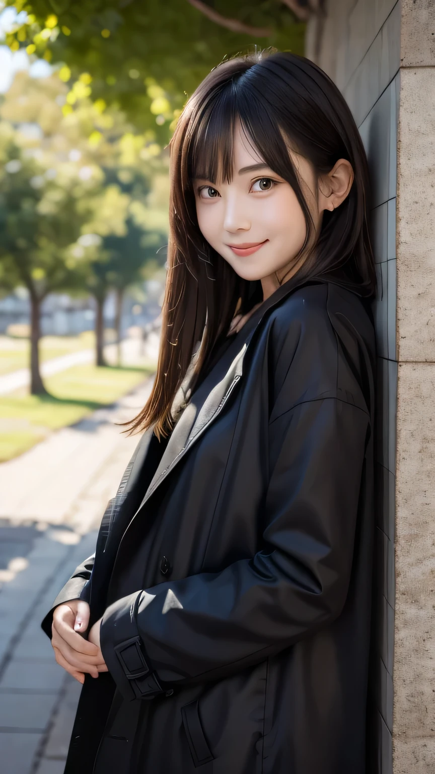 Best image quality (8k, High resolution, masterpiece: 1.2), Very detailed, Random Hairstyles, 26-year-old woman,
Extraordinary beautiful girl、Cute and beautiful face details、(Dealing with the Children_v1:0.008)、
score_9, score_8_upper, score_7_upper,
Confessions Under the Moon ...、night、night、
situation: A girl hides behind a tree in the light of the full moon、I'm waiting for the right time to confess to my partner。
clothing: Black trench coat and loafers、Simple design necklace。
Pause: Leaning against a tree、The appearance of checking out the other person's reaction with excitement。
Camera angle: A shot from the side、Emphasizing the girl and her shadow in the moonlight。
,Active stop temporarily ,
On her side、The thunder danced。
Focus on the upper waist
, Random cute poses ,Big eyes ,Puffy eyes , Heart pupil, blush , Big shy smile , salute