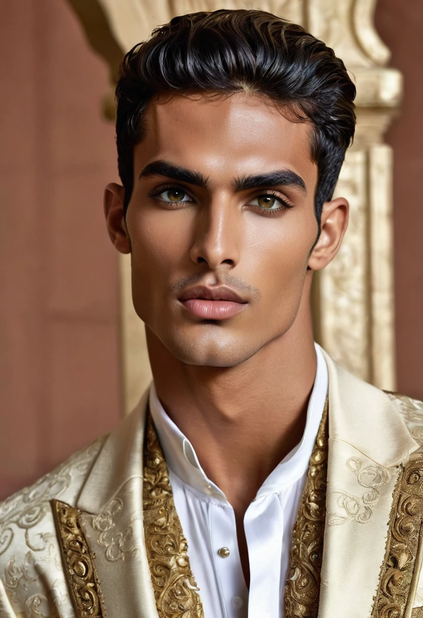 Moroccan male supermodel with exaggerated Arabic features. Tall, muscular physique, sharp angles: aquiline nose, high cheekbones, chiseled jawline, and large almond-shaped eyes. Olive skin and thick hands.Rococo arabesque stairway dreamscape