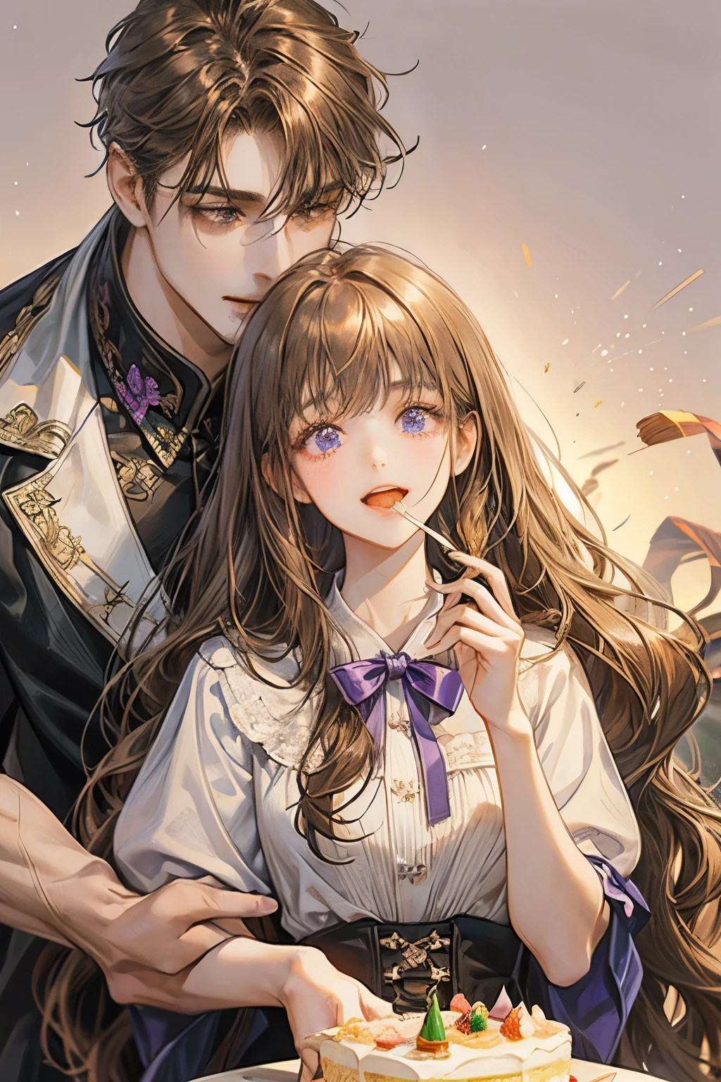 One girl and one guy, smile, Open your mouth, Long Hair, bangs, Brown Hair, Simple Background, ribbon, とてもLong Hair, Purple eyes, girl eating roll cake,Droopy Eyed Girl,Girl eating cake with fork,Man stroking a girl's head,Men and women having tea at a cafe