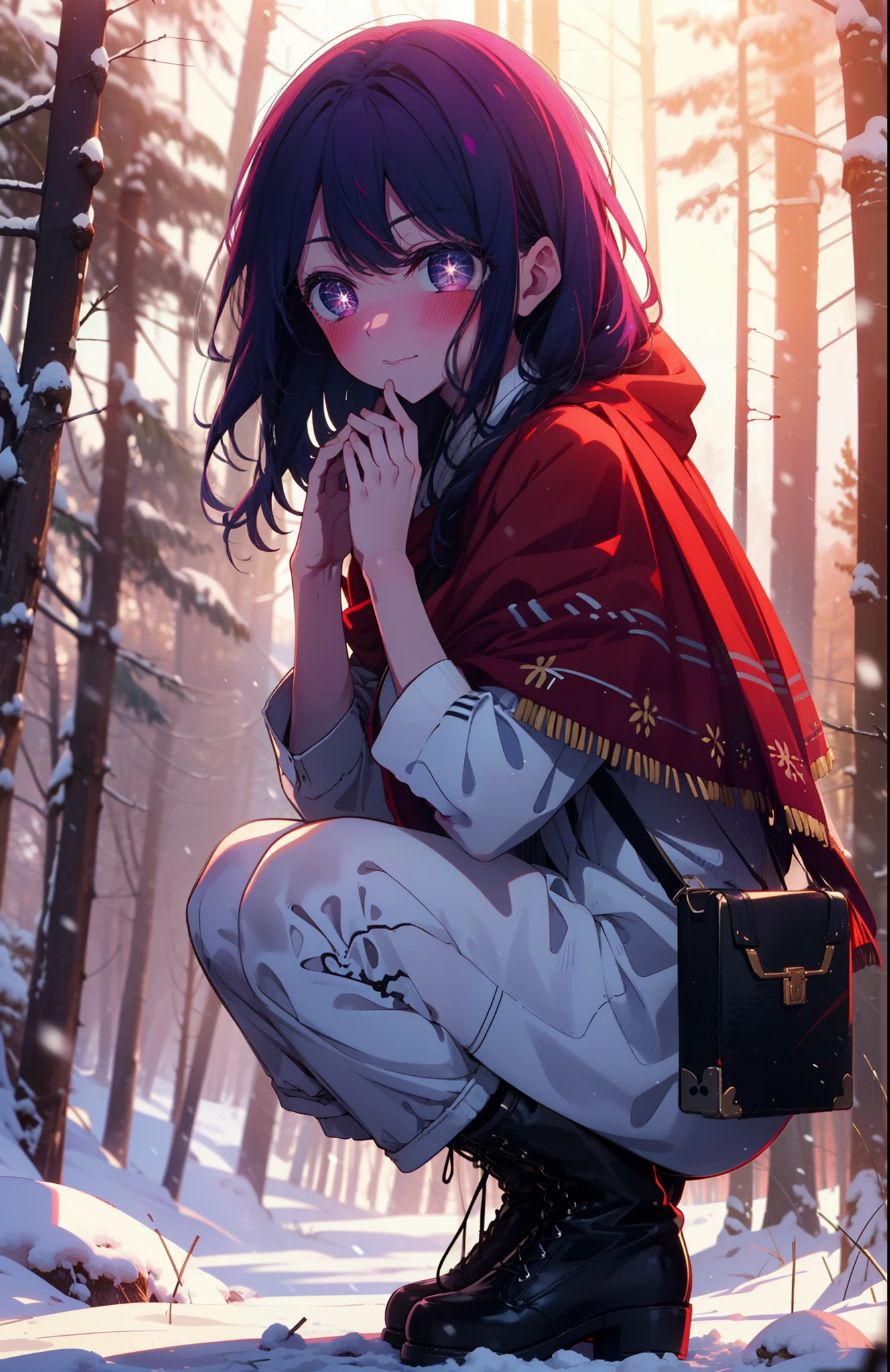aihoshino, Ai Hoshino, Long Hair, bangs, (Purple eyes:1.1), Purple Hair, (Symbol-shaped pupil:1.5), smile,,smile,blush,white breath,
Open your mouth,snow,Ground bonfire, Outdoor, boots, snowing, From the side, wood, suitcase, Cape, Blurred, , forest, White handbag, nature, Squat, Mouth closed, Cape, winter, Written boundary depth, Black shoes, red Cape break looking at viewer, Upper Body, whole body, break Outdoor, forest, nature, break (masterpiece:1.2), Highest quality, High resolution, unity 8k wallpaper, (shape:0.8), (Beautiful and beautiful eyes:1.6), Highly detailed face, Perfect lighting, Highly detailed CG, (Perfect hands, Perfect Anatomy),
