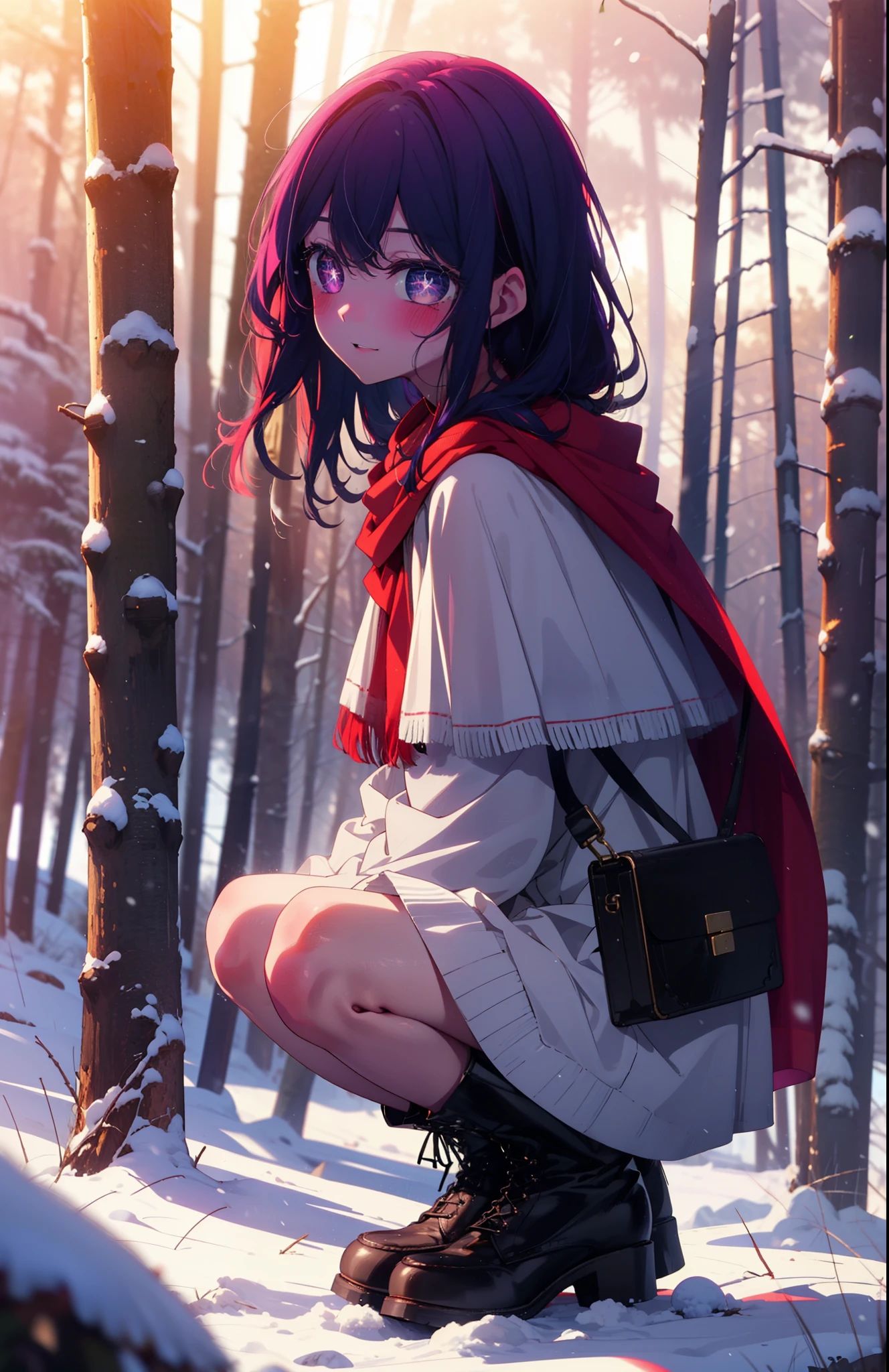 aihoshino, Ai Hoshino, Long Hair, bangs, (Purple eyes:1.1), Purple Hair, (Symbol-shaped pupil:1.5), smile,,smile,blush,white breath,
Open your mouth,snow,Ground bonfire, Outdoor, boots, snowing, From the side, wood, suitcase, Cape, Blurred, , forest, White handbag, nature, Squat, Mouth closed, Cape, winter, Written boundary depth, Black shoes, red Cape break looking at viewer, Upper Body, whole body, break Outdoor, forest, nature, break (masterpiece:1.2), Highest quality, High resolution, unity 8k wallpaper, (shape:0.8), (Beautiful and beautiful eyes:1.6), Highly detailed face, Perfect lighting, Highly detailed CG, (Perfect hands, Perfect Anatomy),