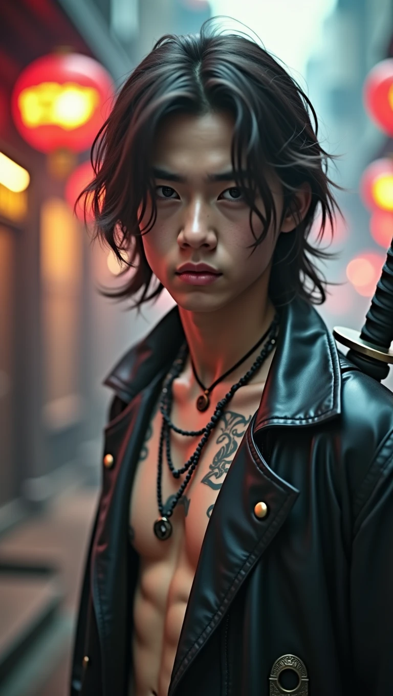 A photo of extremely handsome young men, , muscular, tattooed, wearing necklaces, long hair, gangster style, romantic, Hong Kong cinema, street scene. Eyes are filled with sadness and desire to rise. Violent background, smoke and fire. Cinematic lighting, high detail, 8K, artstation, conceptual art, dark fantasy. Photo taken with Canon EOS R5 85mm f/11 camera, ((sharp)) mode of people and surroundings. Image quality ((8K)), ((realistic)), ((masterpiece)), ((sharpest and highest contrast)), ((excellent depth of field)), ((stereoscopic lighting)), ((angry, ferocious )), detailed pores, ((Direct light on the face)), bright sunlight. (((Wearing a sword on his back))), (((holding a sword on his hand)))