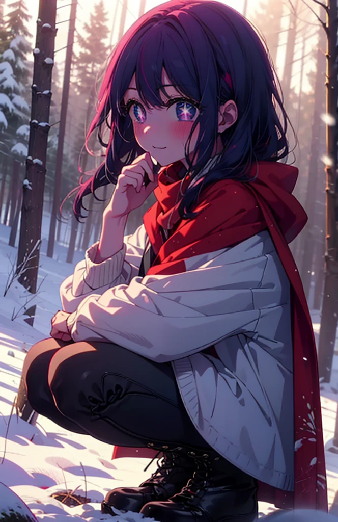 aihoshino, Ai Hoshino, Long Hair, bangs, (Purple eyes:1.1), Purple Hair, (Symbol-shaped pupil:1.5), smile,,smile,blush,white breath,
Open your mouth,snow,Ground bonfire, Outdoor, boots, snowing, From the side, wood, suitcase, Cape, Blurred, , forest, White handbag, nature, Squat, Mouth closed, Cape, winter, Written boundary depth, Black shoes, red Cape break looking at viewer, Upper Body, whole body, break Outdoor, forest, nature, break (masterpiece:1.2), Highest quality, High resolution, unity 8k wallpaper, (shape:0.8), (Beautiful and beautiful eyes:1.6), Highly detailed face, Perfect lighting, Highly detailed CG, (Perfect hands, Perfect Anatomy),