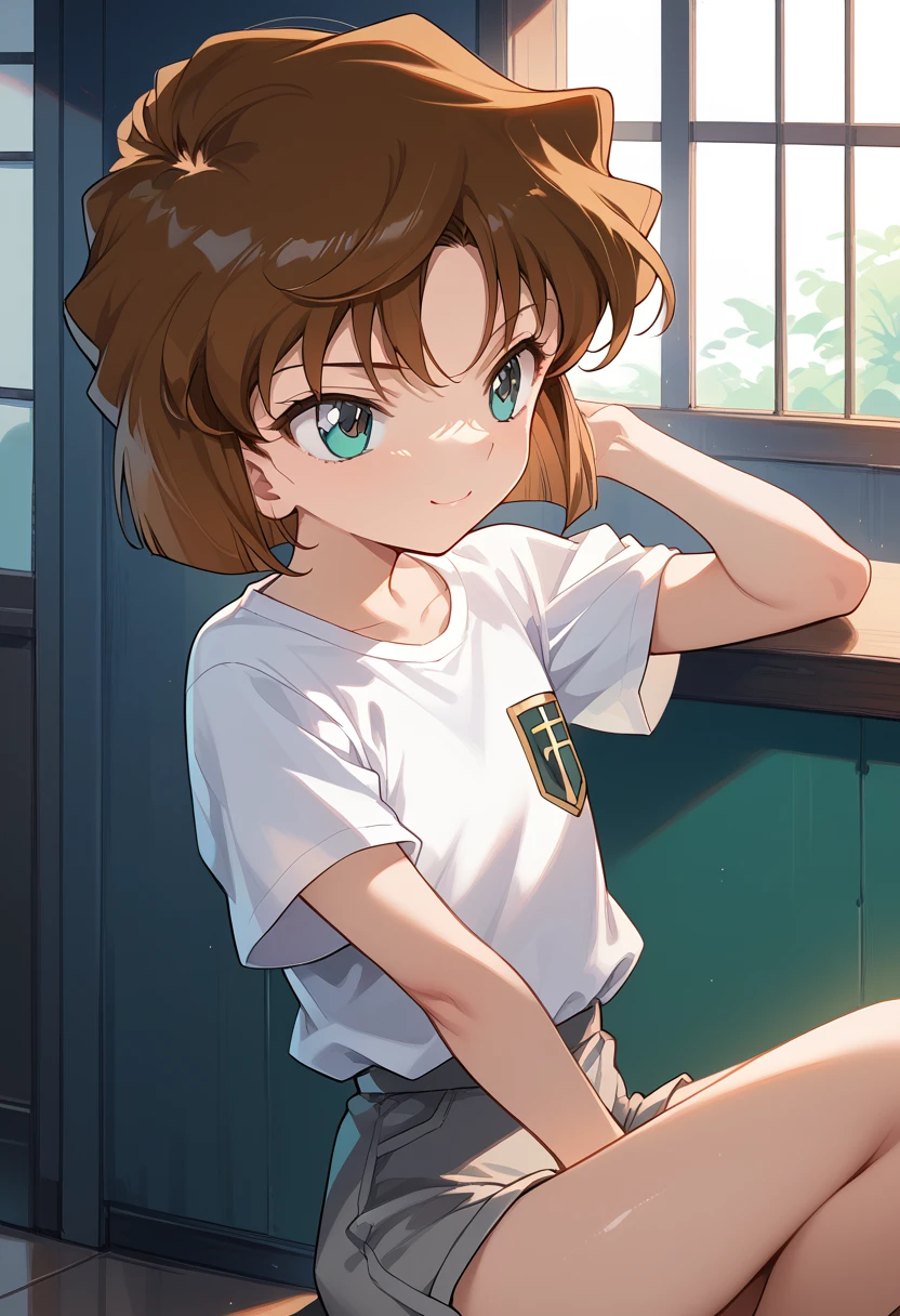 (Highest quality:1.2, Anime artwork, Anime Style,Studio Anime,Very detailed,Anime Coloring, High Contrast, masterpiece:1.2, Highest quality, Best aesthetics),8k(Detective Conan,ai haibara) (***************,,Flat Chest,Short,Brown Hair,short hair) (A loose plain white shirt,Grey short hot pants)Spread your arms out to the sides,The best smile,Bend one leg