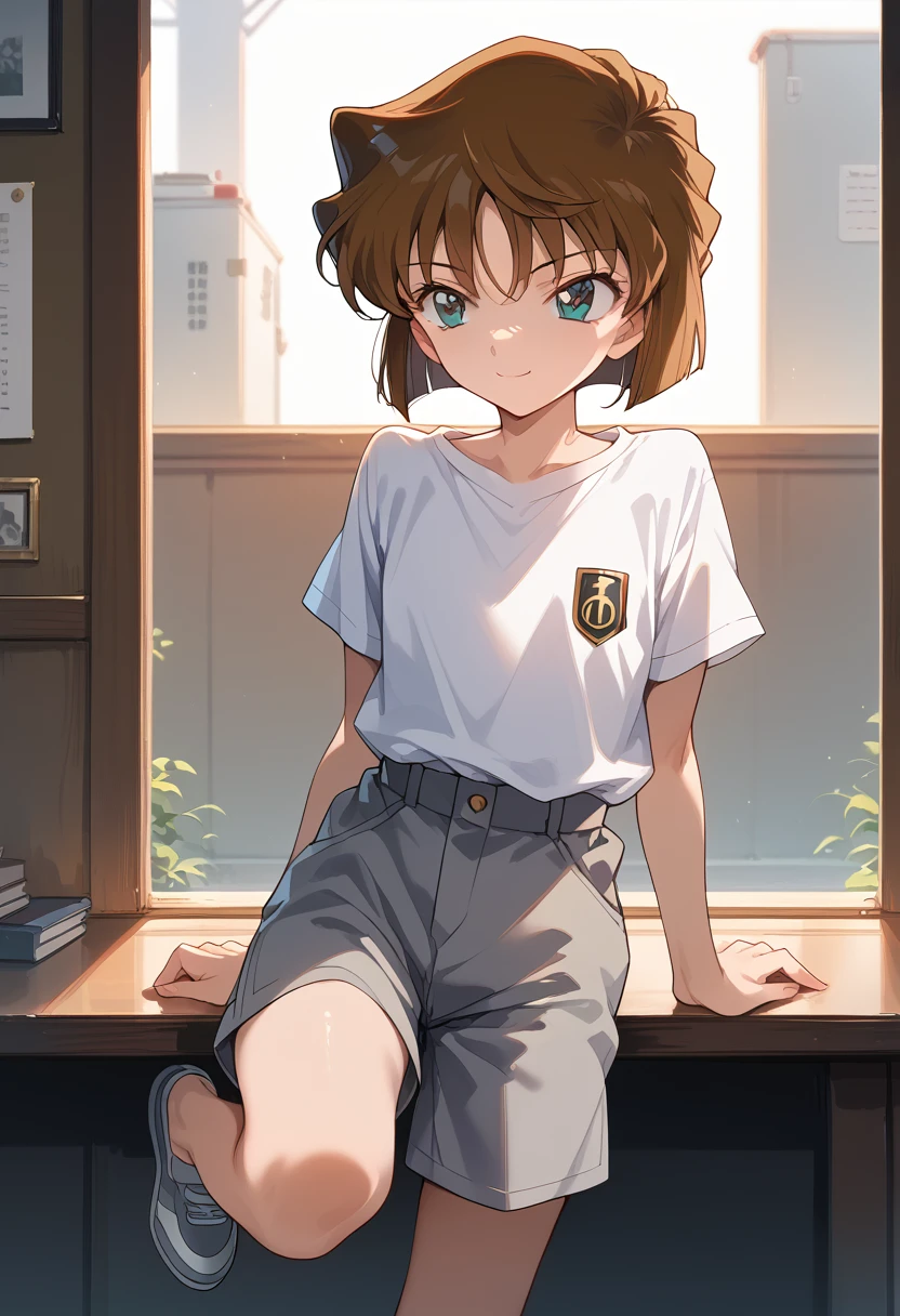 (Highest quality:1.2, Anime artwork, Anime Style,Studio Anime,Very detailed,Anime Coloring, High Contrast, masterpiece:1.2, Highest quality, Best aesthetics),8k(Detective Conan,ai haibara) (***************,,Flat Chest,Short,Brown Hair,short hair) (A loose plain white shirt,Grey short hot pants)Spread your arms out to the sides,The best smile,Bend one leg