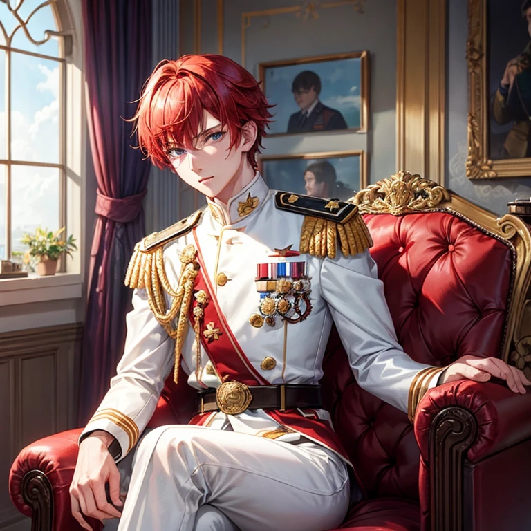 Young men,knight,Red hair,Winning spirit,White military uniform,Handsome