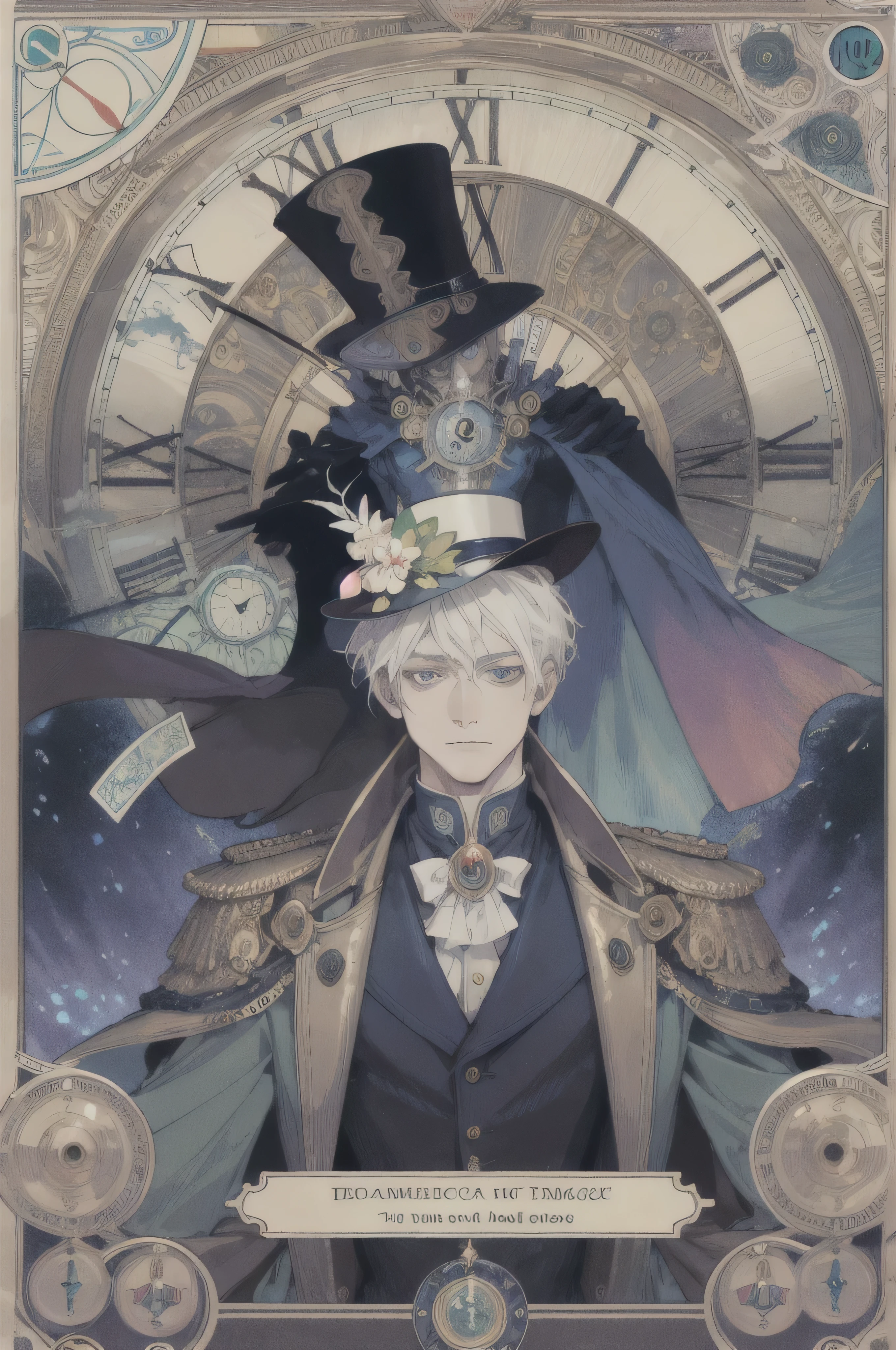 1 man,(short white hair:1.1),blue eyes,magician, top hat, Victoria coat, (zendispute, mandala, dispute, endispute:0.6),Chaos in its most beautiful form,Mucha style, consciousness，tarot, steam Punk, Tarot card border,clock, time in background 