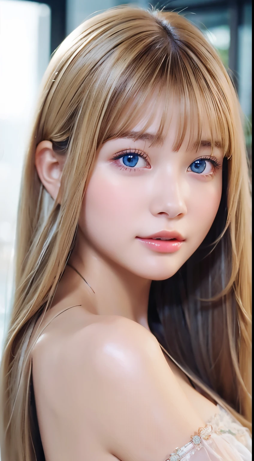 Unparalleled beauty、Sexy and very beautiful face、Very long、Silky, shiny blonde hair、Swinging long bangs、Sexy 15 years old、beautiful cute pearl eyes beautiful girl、Silky skin、Very big blue eyes