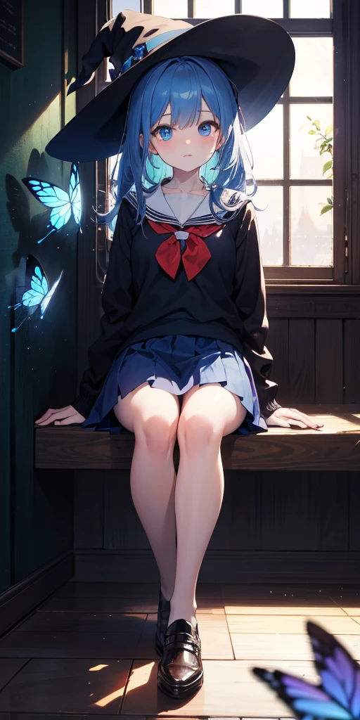 schoolgirl，witch，witchの帽子，Blue colored eyes、butterfly、flower，Short skirt，magic，Particle FX，The light from the window behind is backlit.，sat on the ground、Colored Glass、Complementary Color，Complex background，Best Quality，8k，Masterpiece: Faces are the focus