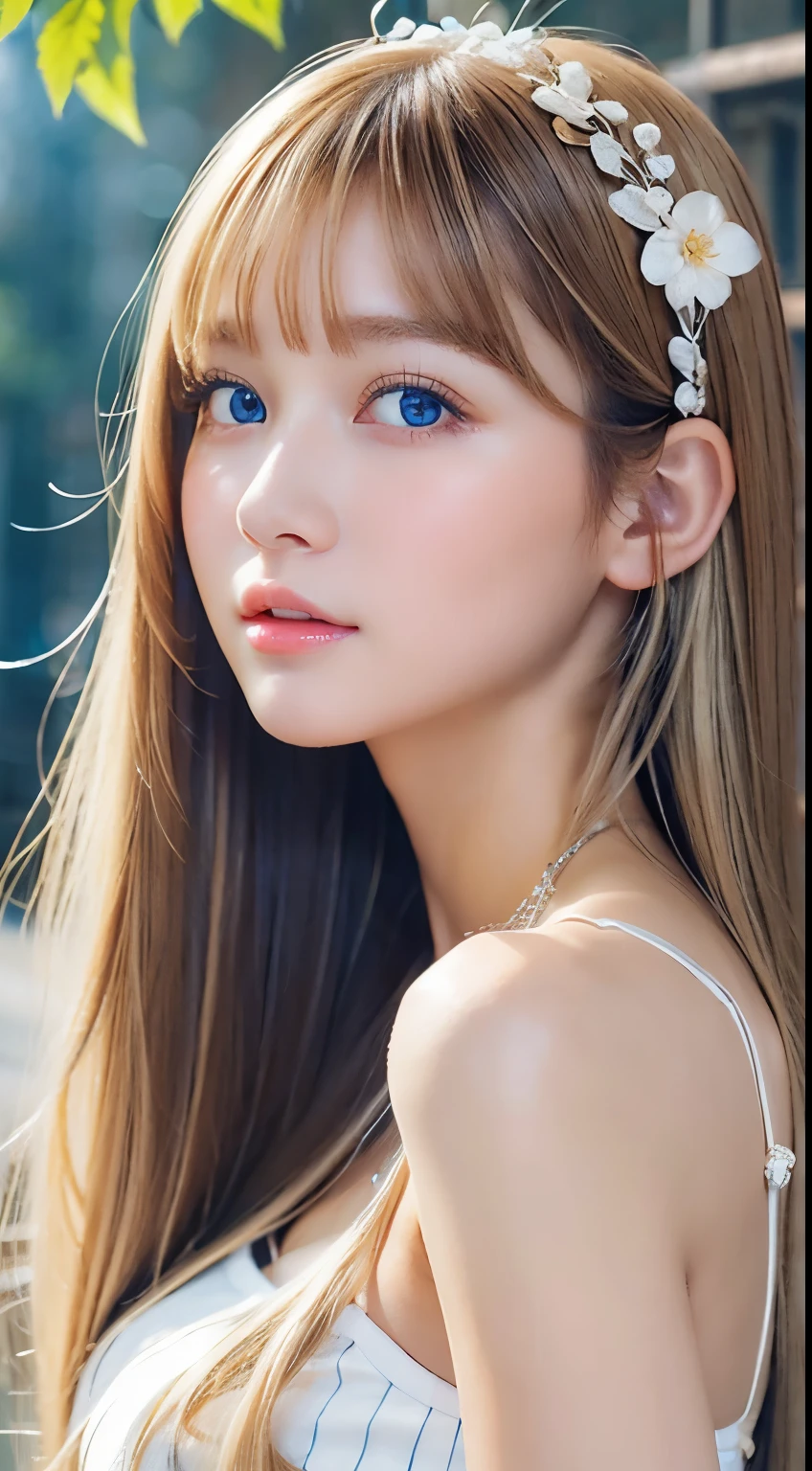 Unparalleled beauty、Sexy and very beautiful face、Very long、Silky, shiny blonde hair、Swinging long bangs、Sexy 15 years old、beautiful cute pearl eyes beautiful girl、Silky skin、Very big blue eyes