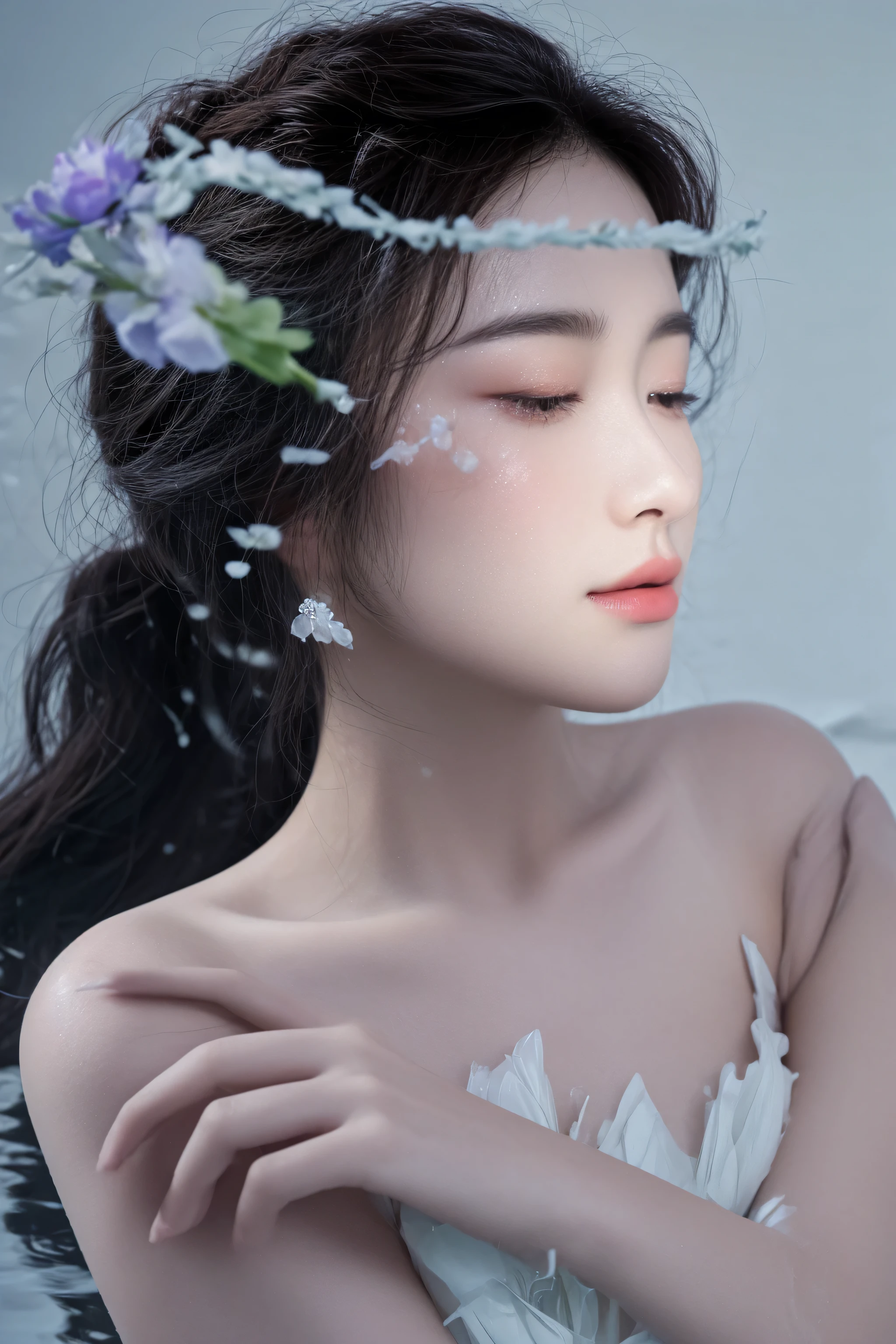 there is a woman with a flower in her hair and a white dress, ethereal beauty, closeup fantasy with water magic, with frozen flowers around her, inspired by Ai Xuan, water fairy, 8k artistic portrait photography, inspired by Zhang Yan, editorial photography, inspired by Huang Ji, soft portrait shot 8 k, porcelain white skin, beautiful portrait photo, closeup portrait shot