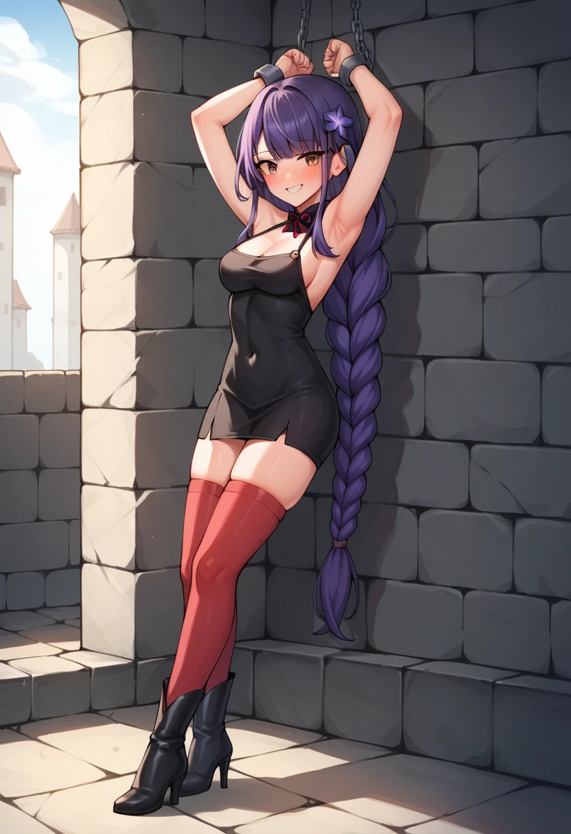 score_9, score_8_up, score_7_up, score_6_up, score_5_up, score_4_up, source_anime, 1girl,lora:raidenshogun1-000009:1>, raidenshogundef, upper body, smile, blush, hairpins, purple hair, long hair, brown eyes, w-w-chain, shackles, raise arms, black dress, red thighhigh boots, heels, day, dungeon, best quality, best res, 4K UHD,