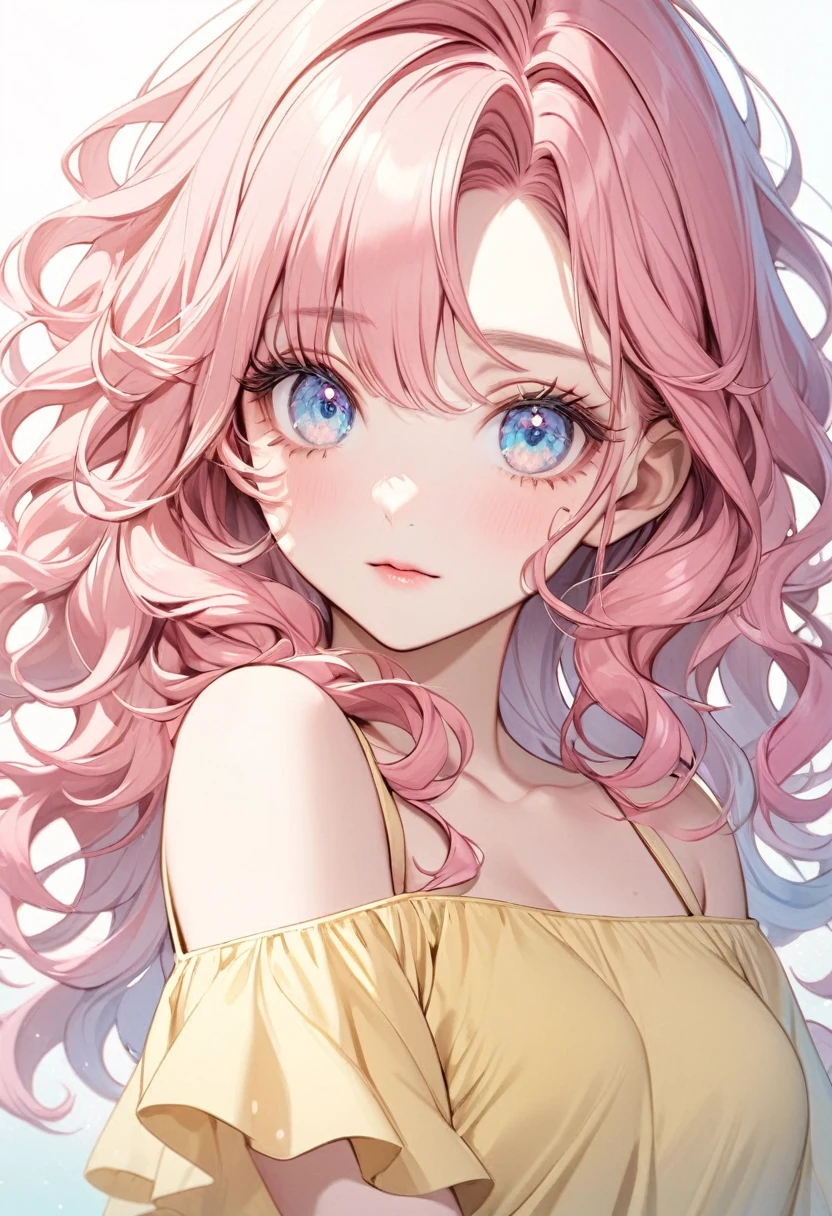 PINK HAIRED GIRL WITH WAVY HAIR, LIGHT BLUE EYES, LONG EYELASHES, 1 MOLE ON HER LOWER LEFT EYE, OFF SHOULDER PASTEL YELLOW TOP, 