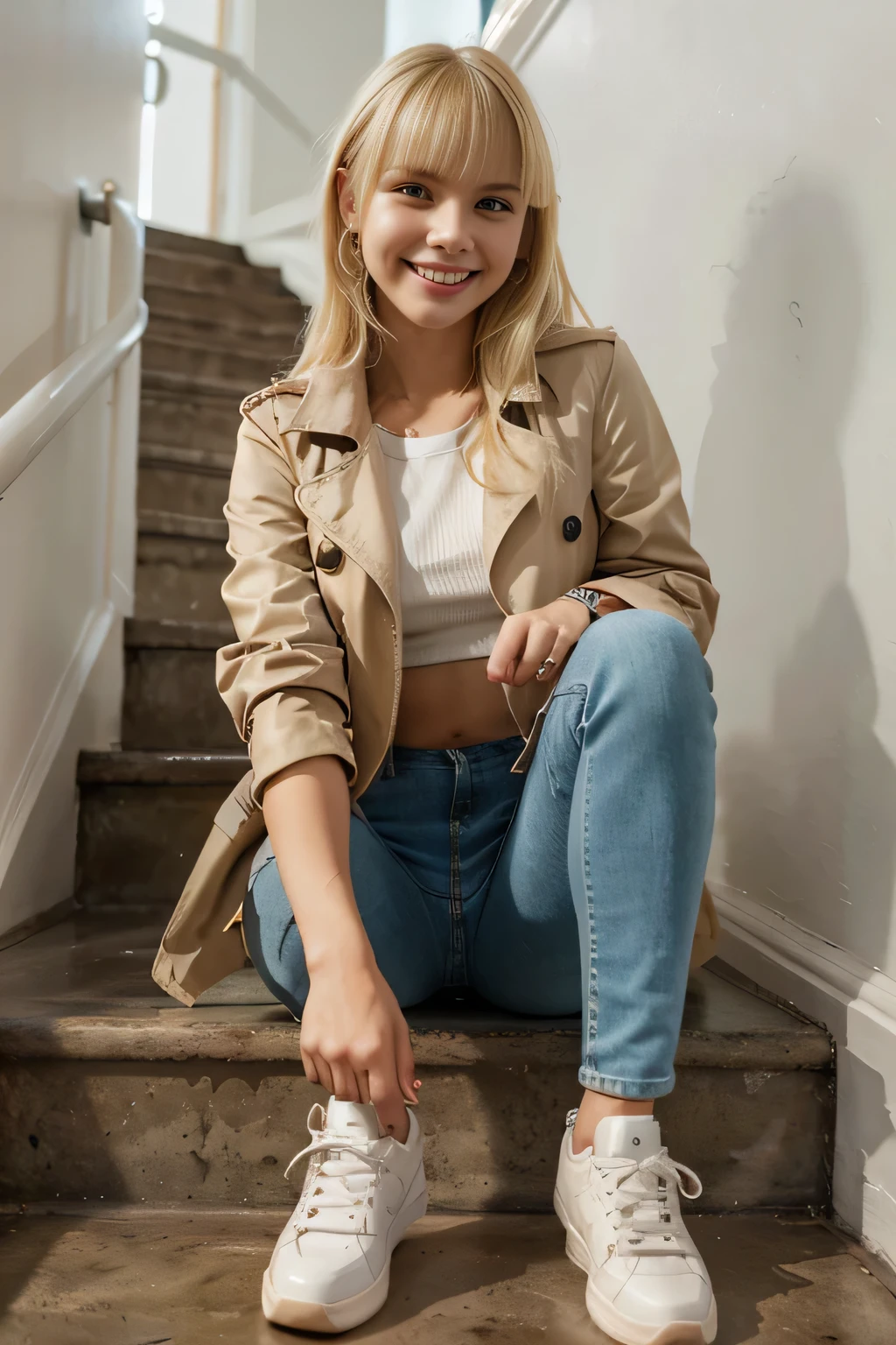 Highest quality, High resolution, 8k wallpaper, Beautiful woman, Sitting on the stairs 、trench coat、, Skinny jeans, White sneakers 、 Blonde Hair 、 Beautiful Bangs 、ear piercing、smile、Beautiful teeth alignment