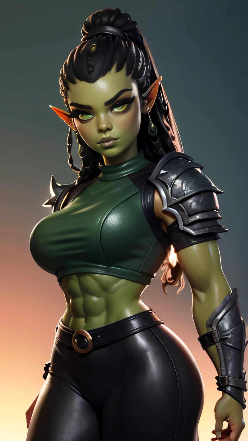photo of beautiful Orc, RAW, beautiful woman, (portrait), (detailed Kawaii face:1.2), (detailed feature, detailed green skin, glossy lips, luscious dark green lips, clear green skin), (Long braided hair), (perfect proportioned body, Strong, muscular, narrow waist, narrow hips, skinny, large breasts), (she wears cropped leather armor), dark forced background, (realistic photo, best quality, detailed), (8k wallpaper), (cinematic lighting, beautiful light, (day:1.3)) (sharp focus, intricate)