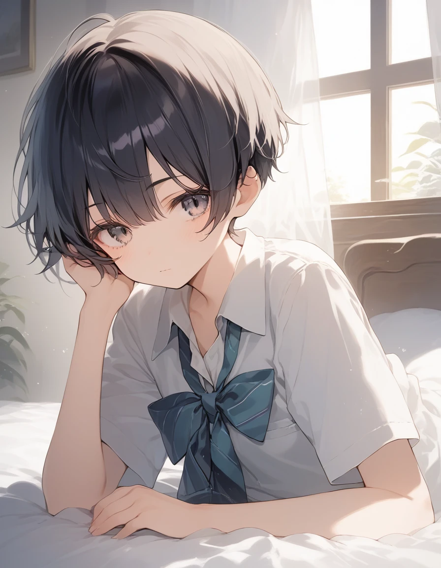 score_9, score_8_up, score_7_up, source_anime, best quality, masterpiece, official art, absurdres, highres, ultra-detailed,waifu2x,JAV Cover,break,1girl, tomboy, idol girl, school uniform, very short hair, pixie cut, small breasts, slender, beautiful detailed eyes, expressionless, sleepily, sexual appeal, bed, indoors, break,(clear line illustration:1.2), super detailed skin,very high resolution, very aesthetic, Best sexual lighting powered by famous artist, 8k,cute picture, beauty illustration,photoshop_(medium),,(Detailed Lighting),best anime 8k konachan wallpaper, pixiv contest winner,