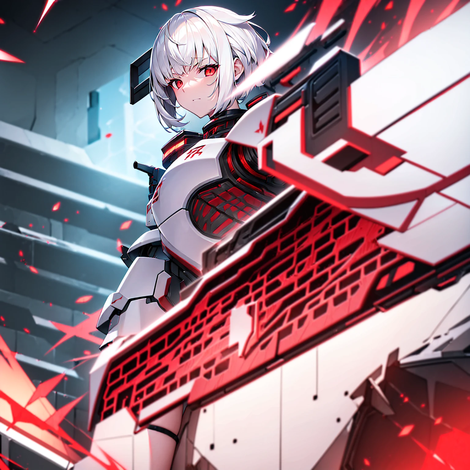 (girl)(white short hair)(red eyes)(Driving exoskeleton armor)(Cool battle scenes)(The blade flickers)( clash of weapons)(Injuried)(battle Mask)(In the hail of bullets)(in combat)(night)4K
