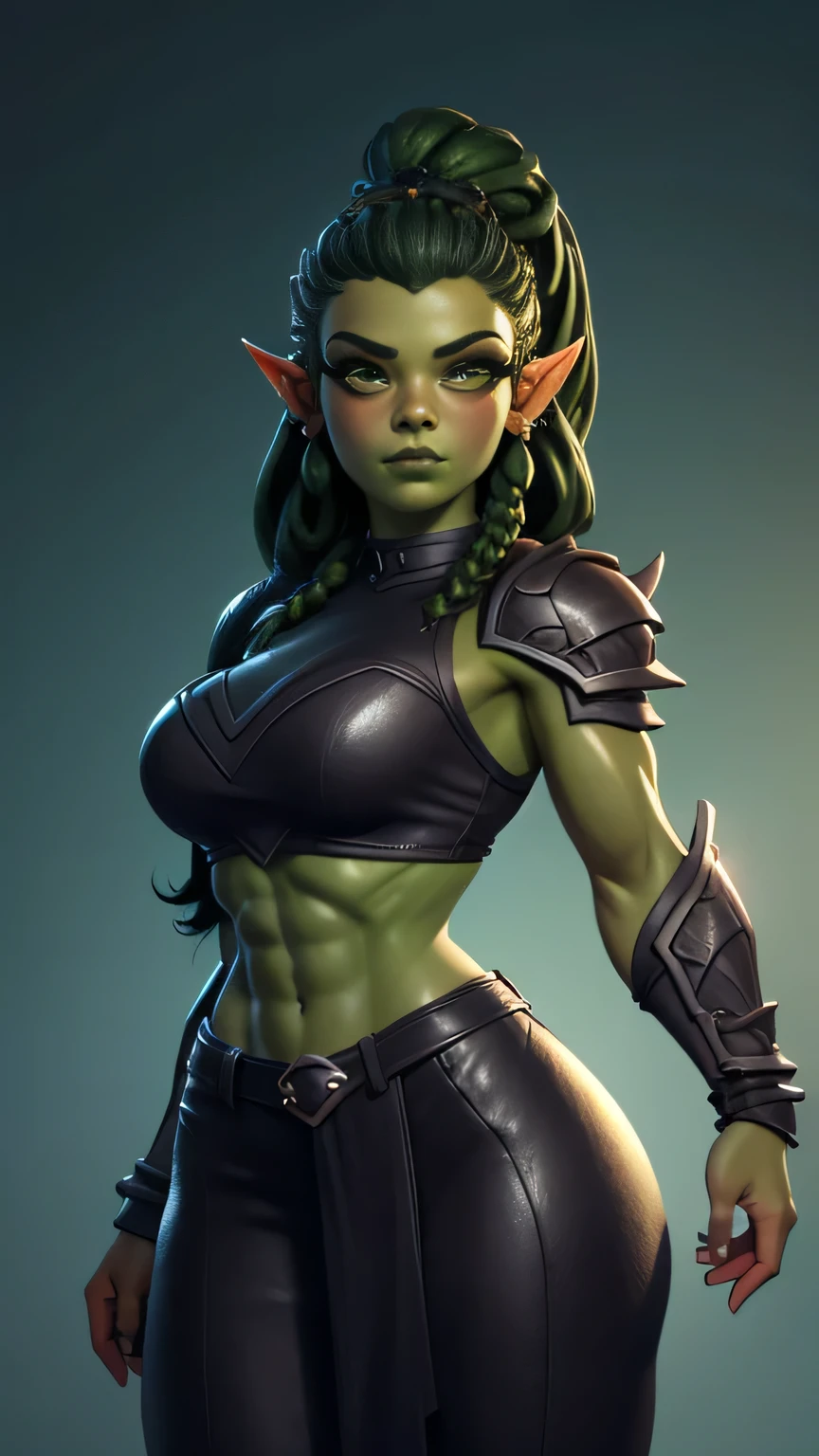 photo of beautiful Orc, RAW, beautiful woman, (portrait), (detailed Kawaii face:1.2), (detailed feature, detailed green skin, glossy lips, luscious dark green lips, clear green skin), (Long braided hair), (perfect proportioned body, Strong, muscular, narrow waist, narrow hips, skinny, large breasts), (she wears cropped leather armor), dark forced background, (realistic photo, best quality, detailed), (8k wallpaper), (cinematic lighting, beautiful light, (day:1.3)) (sharp focus, intricate)