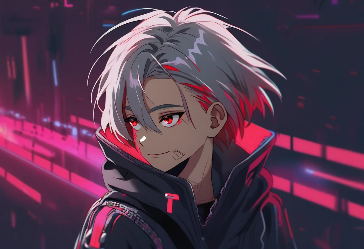 good looking, alone, 1 male, short hair, Gray Hair, Red highlights on hair tips, Red eyes, Black clothes, Smile Facial,cyber punk