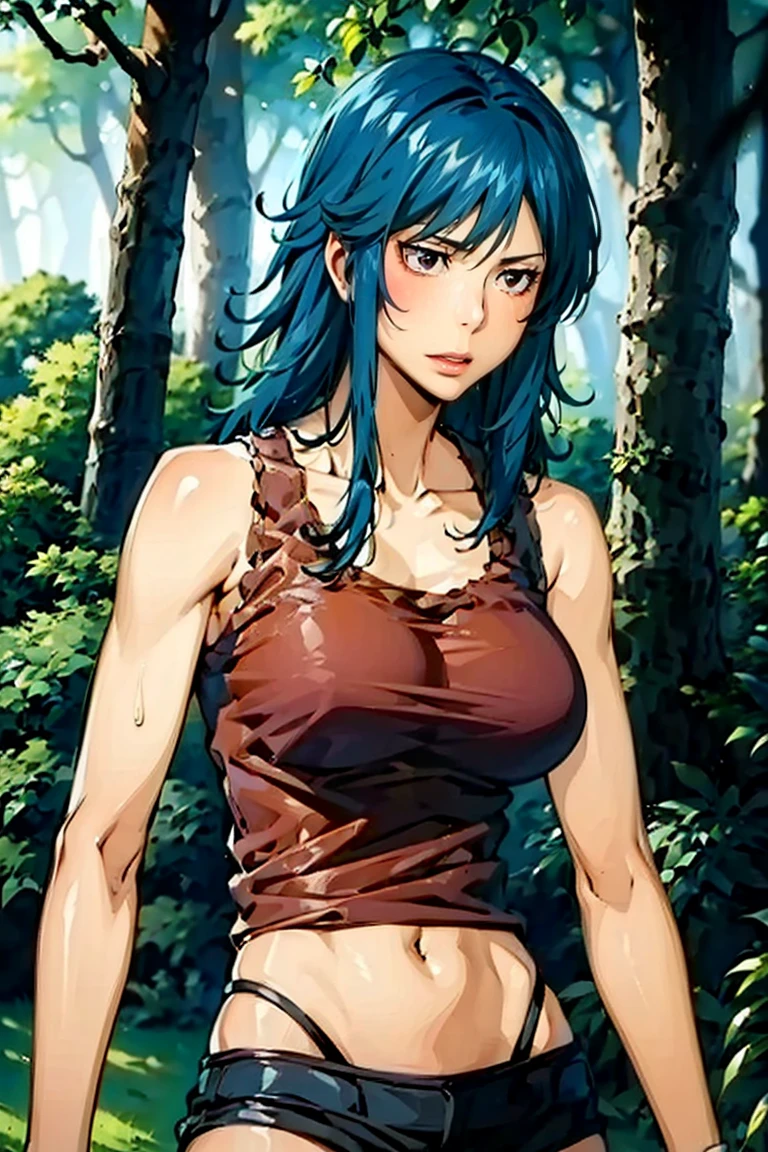 red eyes, blue hair, long hair, messy hair, (((red tank top))), navel, bare shoulder, hair between eyes, accurate face parts, perfect face, ultra detailed beautiful face, 