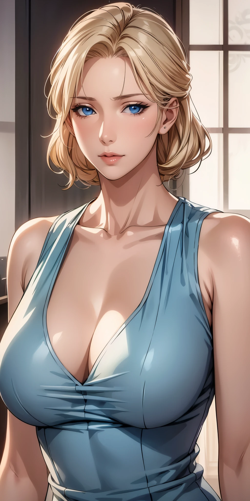 Elegant mature woman, blue eyes, blonde hair, soft light, 4k resolution, high quality, beautiful cg