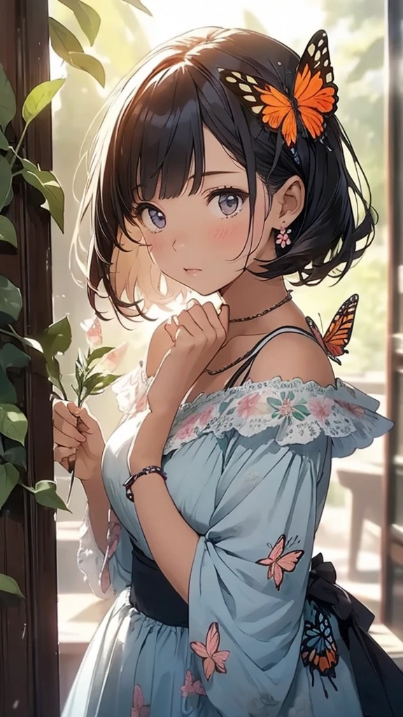a girl with flowers and butterflies in her hair and leaves blowing in the wind, 1girl, solo, flower, jewelry, hair ornament, hair flower, butterfly, dress, bug, looking at viewer, short hair, bangs