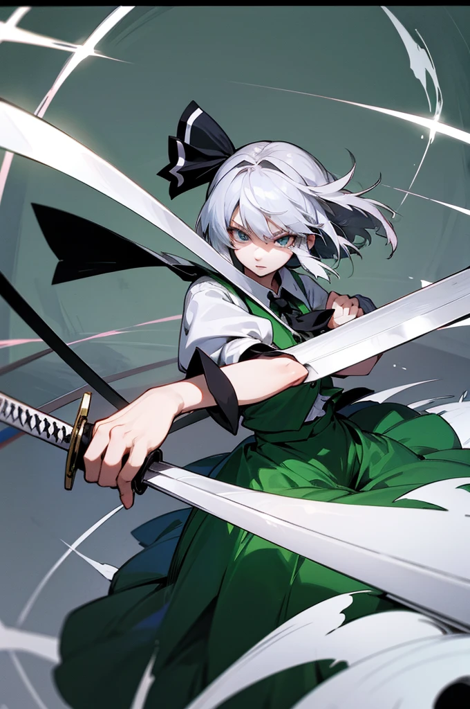 Konpaku Youmu from Touhou Project, silver hair, holding a sword