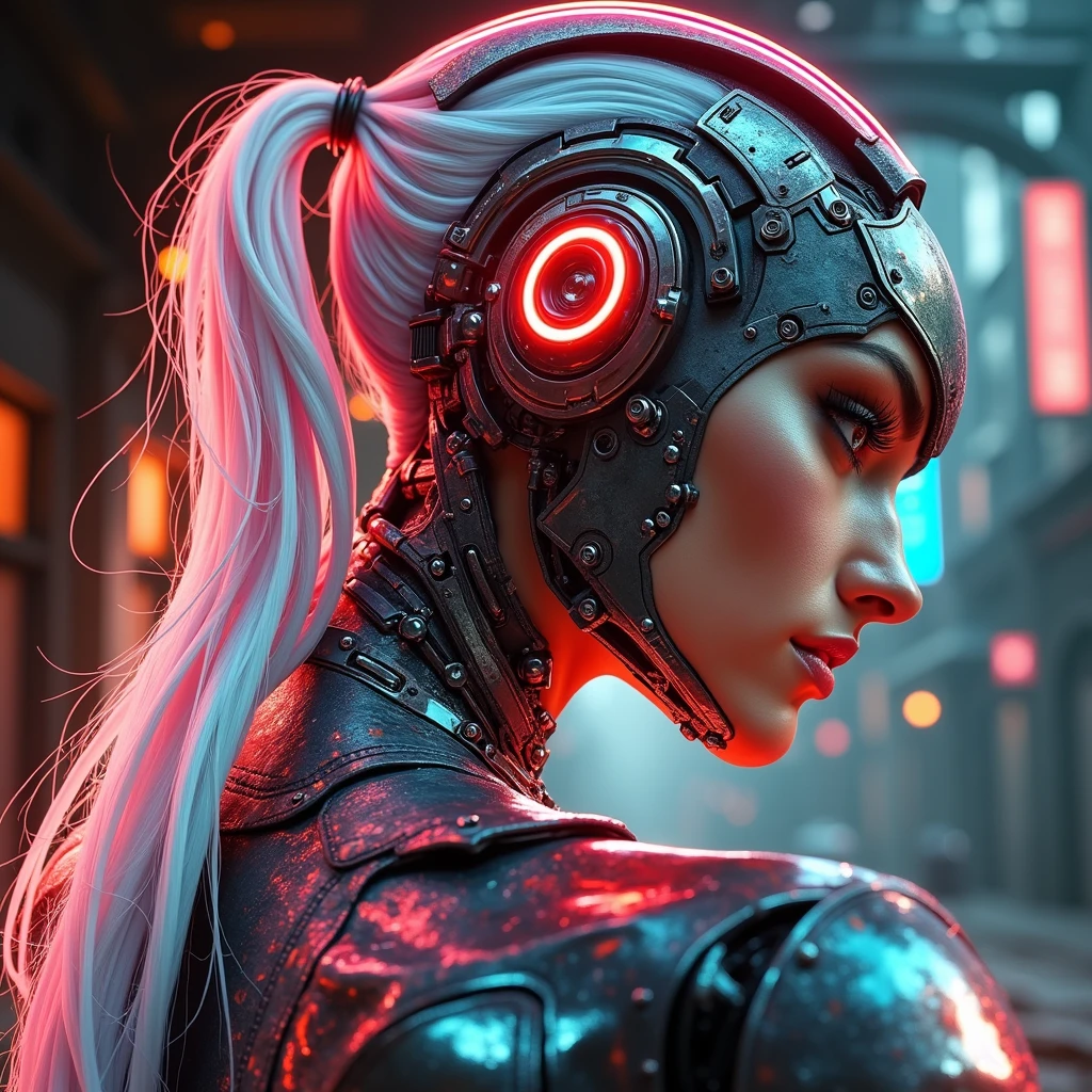 A sexy cyborg woman with multicolored flexible neon lights drives from her brain to her spine, Walk through the ruined streets of a futuristic city