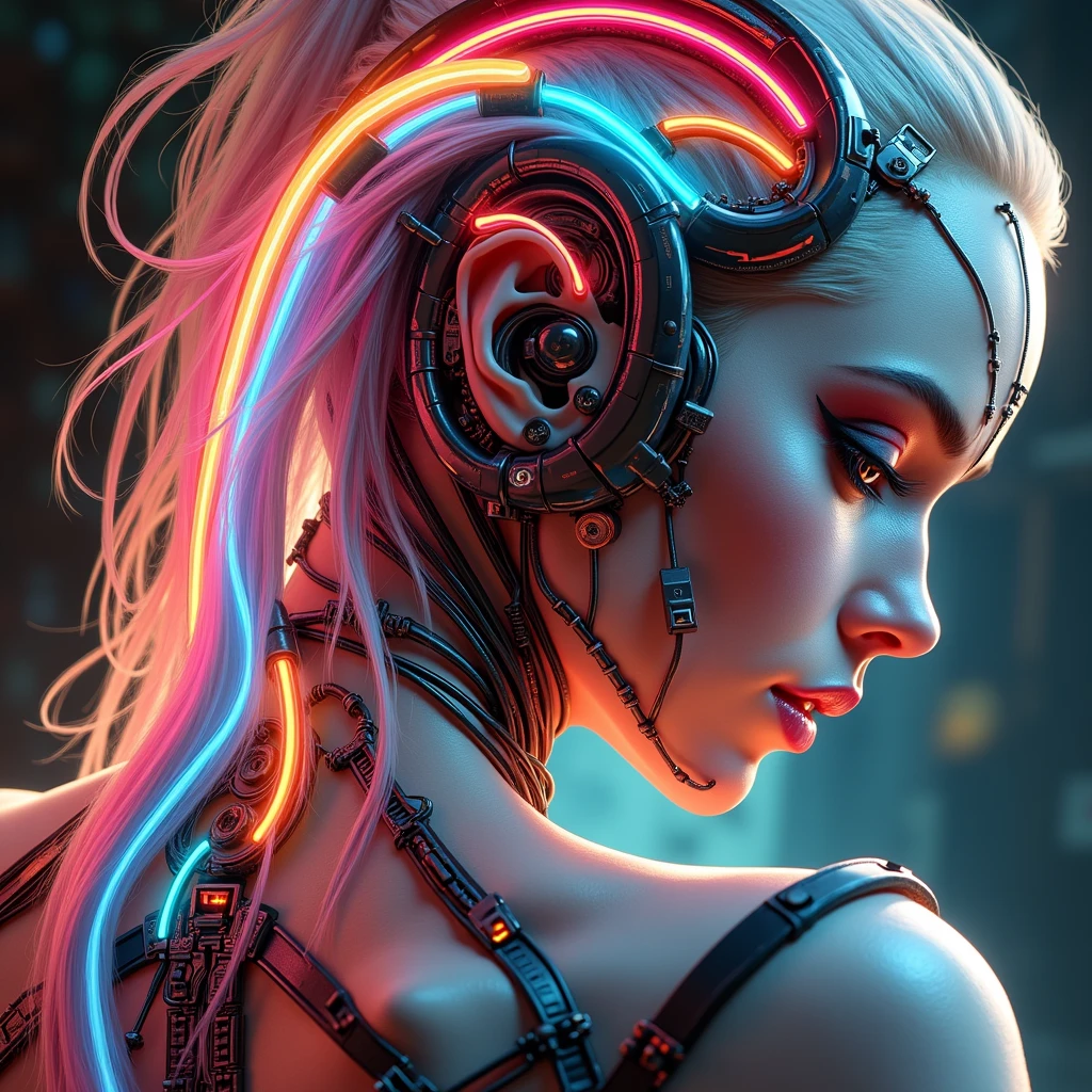 A sexy cyborg woman with multicolored flexible neon lights drives from her brain to her spine, Walk through the ruined streets of a futuristic city