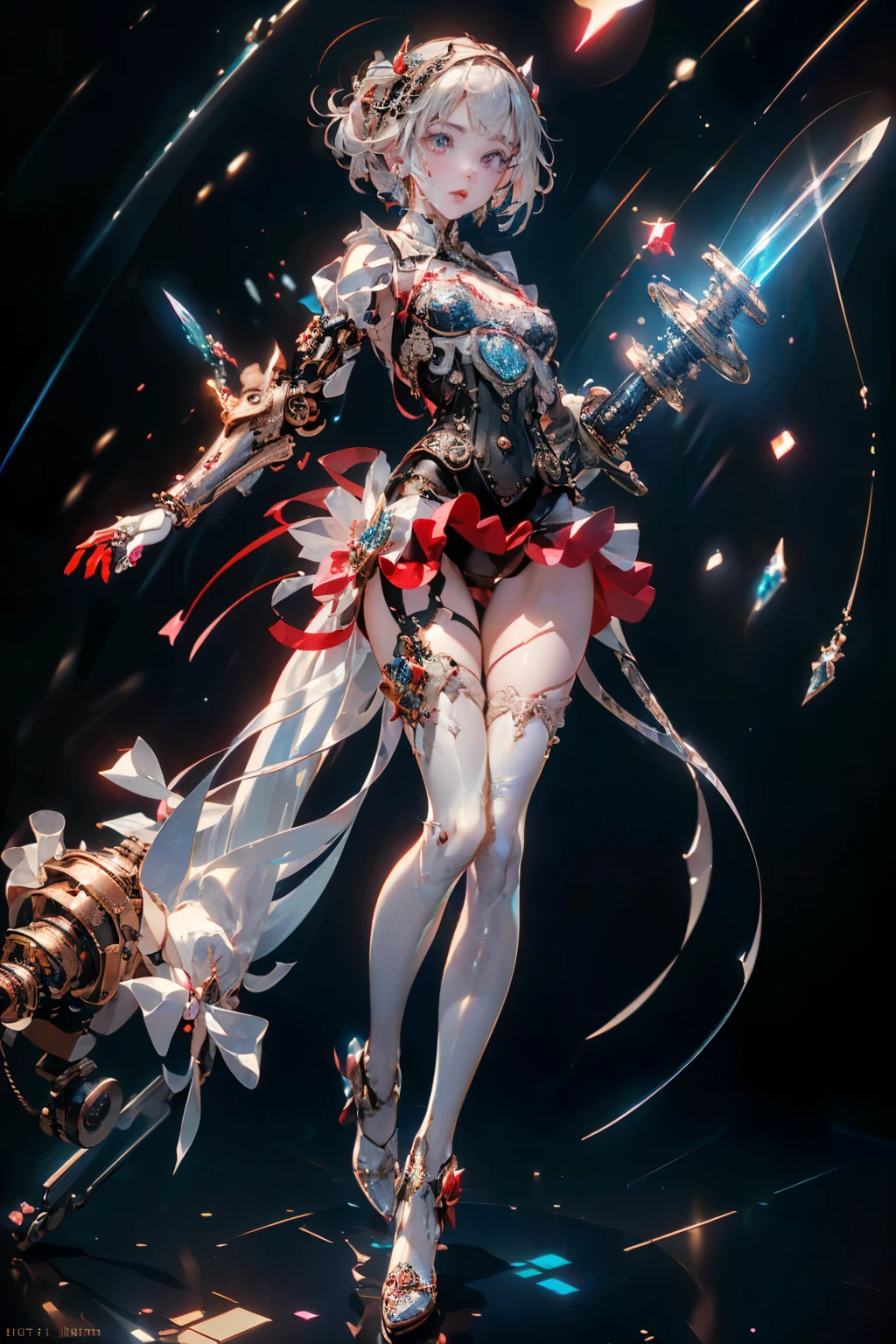 (((masterpiece, of the highest quality, super detailed))), (a female knight of an occult order), (an occult saint), (combat pose), (ready for combat), (resolved expression), (resolute expression), (((holding a sword with a digital-glitch-like blade as though it is rapidly flickering in and out of reality))) ((glitch sword)), ((glitching sword blade)), (nier: automata), Edwardian/Victorian era inspired, ((minimal but intricate beautiful armour)), ((Fluttering lace flared dress with frilly petticoats)), ((((Highly detailed face))), (((Very sharp focused eyes))), very long eyelashes, (small breasts), (((flat chest:1.1))), occult aesthetic, (red and white clothing detailed and intricate steampunk and detailed gothic), (with a hood), complex lace boots, (full body)