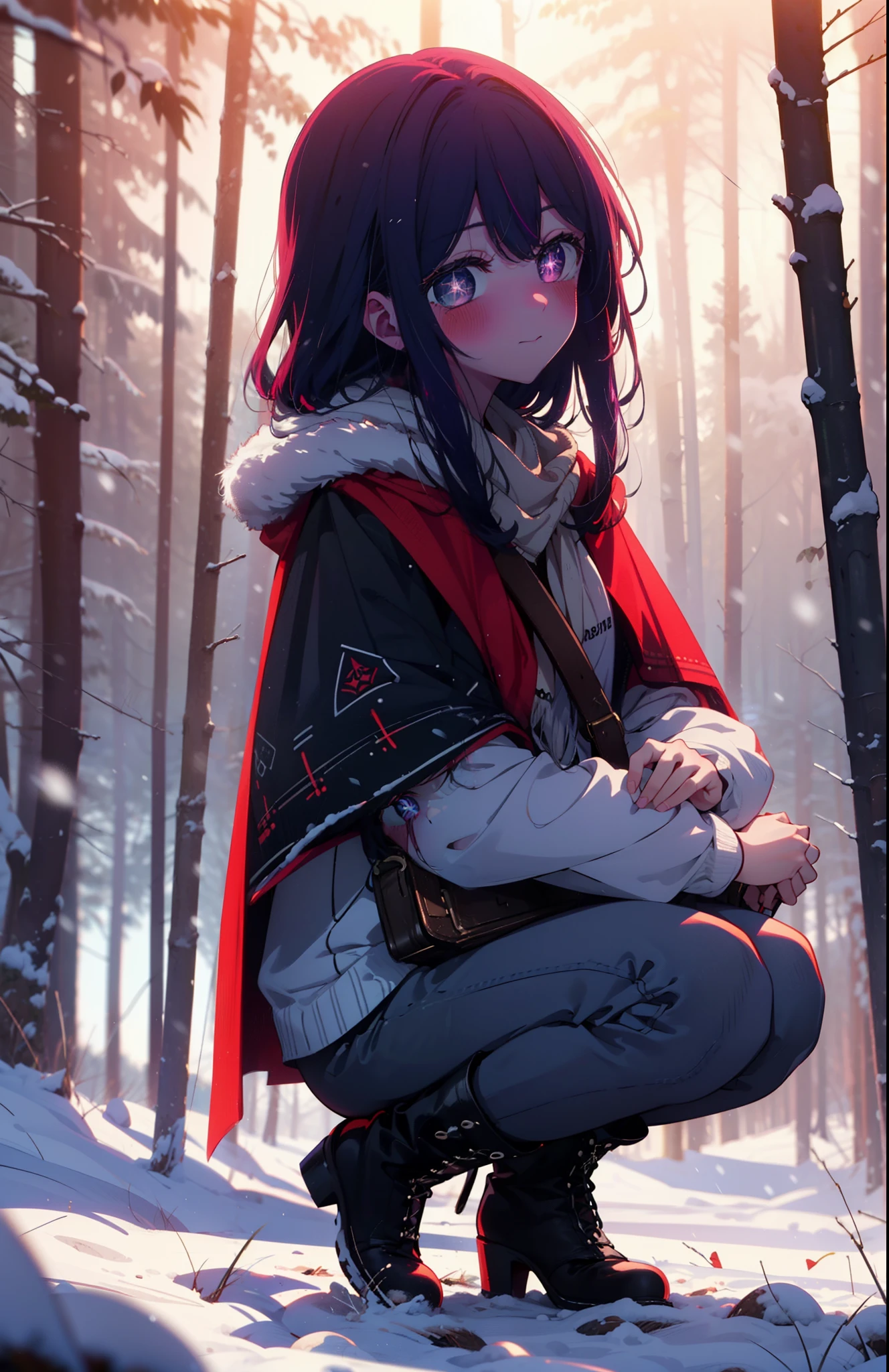 aihoshino, Ai Hoshino, Long Hair, bangs, (Purple eyes:1.1), Purple Hair, (Symbol-shaped pupil:1.5), smile,,smile,blush,white breath,
Open your mouth,snow,Ground bonfire, Outdoor, boots, snowing, From the side, wood, suitcase, Cape, Blurred, , forest, White handbag, nature, Squat, Mouth closed, Cape, winter, Written boundary depth, Black shoes, red Cape break looking at viewer, Upper Body, whole body, break Outdoor, forest, nature, break (masterpiece:1.2), Highest quality, High resolution, unity 8k wallpaper, (shape:0.8), (Beautiful and beautiful eyes:1.6), Highly detailed face, Perfect lighting, Highly detailed CG, (Perfect hands, Perfect Anatomy),
