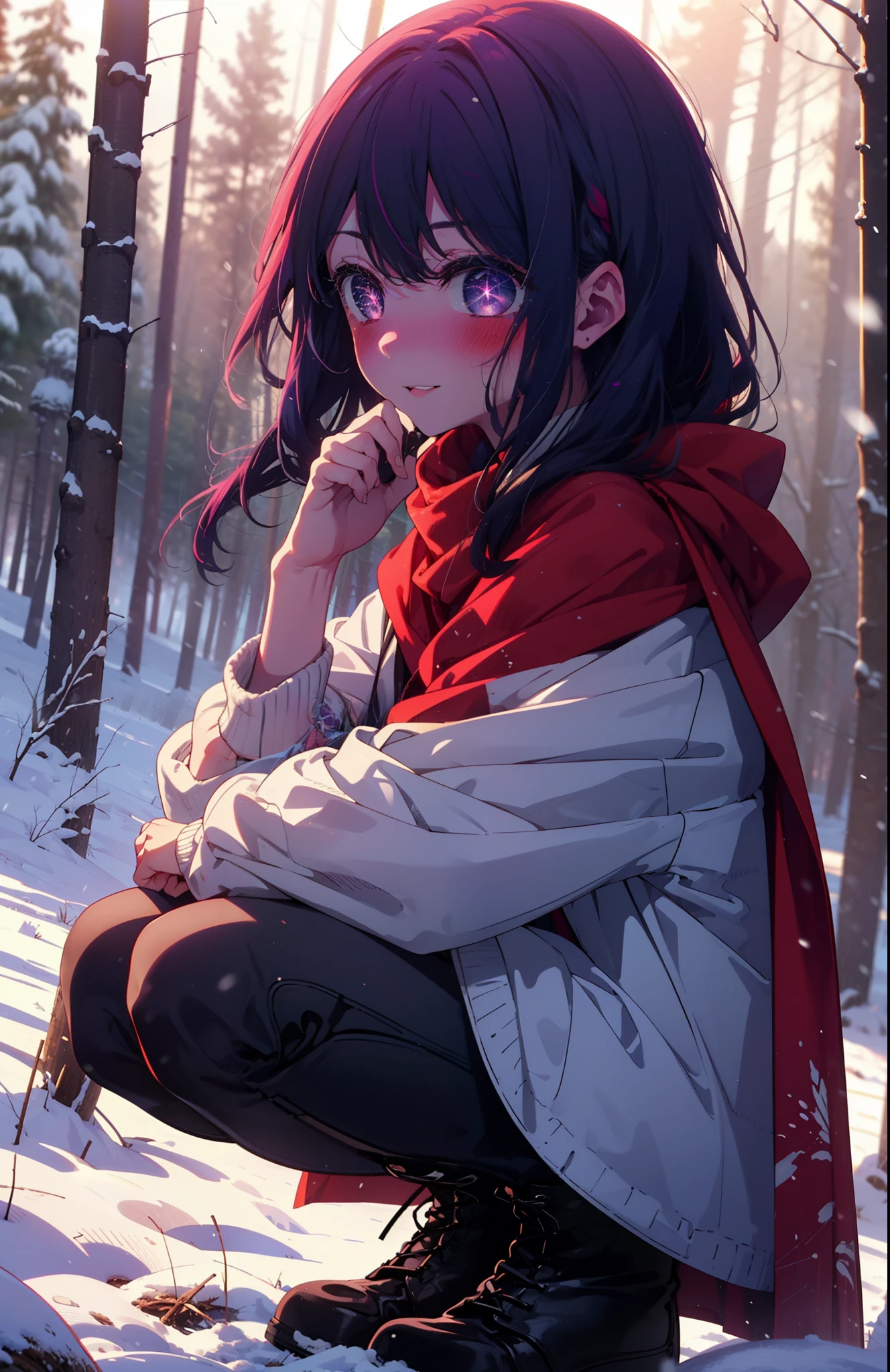 aihoshino, Ai Hoshino, Long Hair, bangs, (Purple eyes:1.1), Purple Hair, (Symbol-shaped pupil:1.5), smile,,smile,blush,white breath,
Open your mouth,snow,Ground bonfire, Outdoor, boots, snowing, From the side, wood, suitcase, Cape, Blurred, , forest, White handbag, nature, Squat, Mouth closed, Cape, winter, Written boundary depth, Black shoes, red Cape break looking at viewer, Upper Body, whole body, break Outdoor, forest, nature, break (masterpiece:1.2), Highest quality, High resolution, unity 8k wallpaper, (shape:0.8), (Beautiful and beautiful eyes:1.6), Highly detailed face, Perfect lighting, Highly detailed CG, (Perfect hands, Perfect Anatomy),