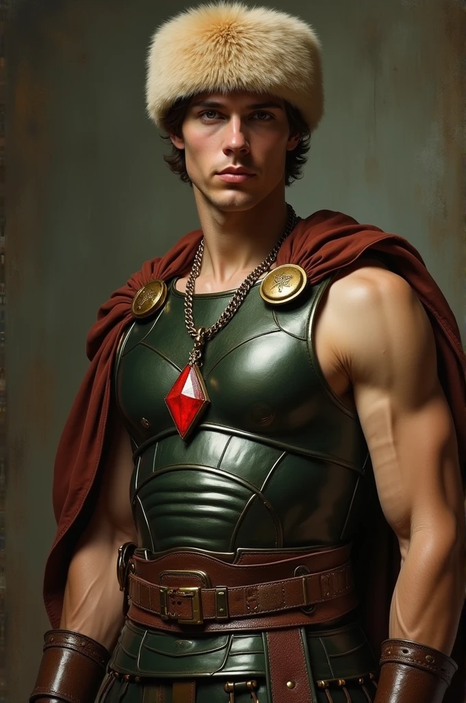 {{Masterpiece, best quality, oil painting, by Franz von Stuck, male focus, muted colors}}, the composition is: (((a dramatic half body portrait of a 25 years old ancient Roman soldier, sexy, muscular, magnificent, wearing a beige Russian fur hat, he is wearing a red diamond shape pendant))). ((((He is wearing a dark green lorica armor made of velvet, alligator leather, with ronin inspired elements, Slavic inspired elements, wearing a satin sash))).