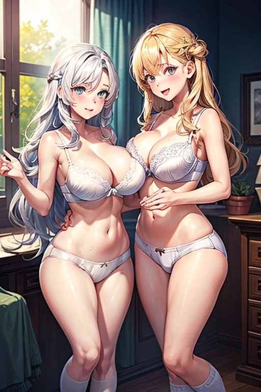 Highest quality,((((Two Girls)))),twins,lily,((Big Breasts:1.3)),Curvy,orgasm,blush, Sweat,Blonde,Long Hair,Wavy Hair,((White bra,White panties:1.3)),White knee-high socks,Hand in hand
