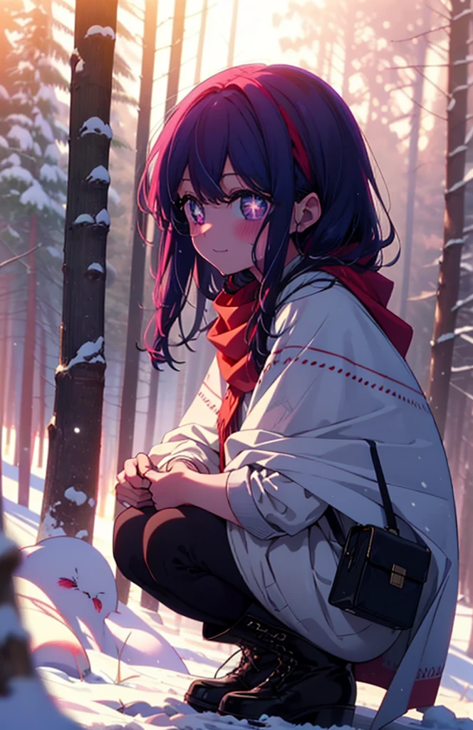 aihoshino, Ai Hoshino, Long Hair, bangs, (Purple eyes:1.1), Purple Hair, (Symbol-shaped pupil:1.5), smile,,smile,blush,white breath,
Open your mouth,snow,Ground bonfire, Outdoor, boots, snowing, From the side, wood, suitcase, Cape, Blurred, , forest, White handbag, nature,  Squat, Mouth closed, Cape, winter, Written boundary depth, Black shoes, red Cape break looking at viewer, Upper Body, whole body, break Outdoor, forest, nature, break (masterpiece:1.2), Highest quality, High resolution, unity 8k wallpaper, (shape:0.8), (Beautiful and beautiful eyes:1.6), Highly detailed face, Perfect lighting, Highly detailed CG, (Perfect hands, Perfect Anatomy),