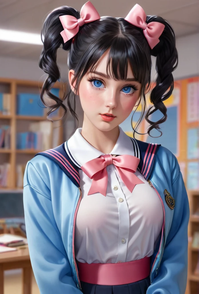 masterpiece,best quality,20 year old,1girl,bangs,expose breast,no bra,black_hair,blue_eyes,blue_jacket,blue_ribbon,blush,bow,double_bun,hair_bun,hair_ornament,hairclip,jacket,long_sleeves,looking_at_viewer,open_clothes,open_jacket,parted_lips,ribbon,sailor_collar,shirt,side_bun,school_background,solo,upper_body,school_background,rating:safe,incredibly absurdres, ultra detailed, high resolution, realistic lighting, photorealism, hyperrealism,masterpiece,vibrant colors,stunning visuals,ultra skin texsture,stable diffusion,perfect anatomy,crazy details