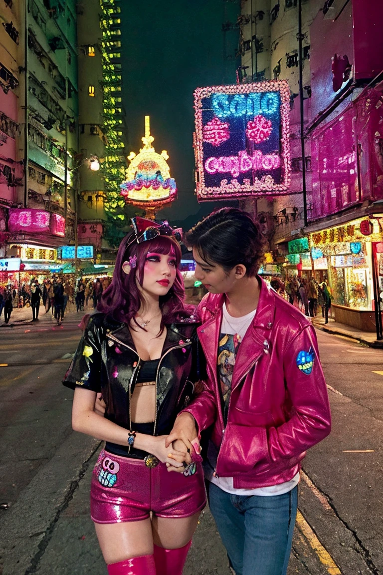 hong kong, night, (giant moon in the sky, gaint moon:1.5,one girl lean against the wall, man holding a girl hands and look each other deeply in heart and whisper, romantic), (Awkward,blush :1.3), y 2 k cutecore crowncore, Lovely Decora Rainbow Core, Lovely high quality rendering, Candy Girl, Deco, Unreal Engine : : Carnival Makeup, Working Girl, raver girl, Glitch Punk Girl, soda themed girl, Lively and cheerful, 80s pin-up style, 