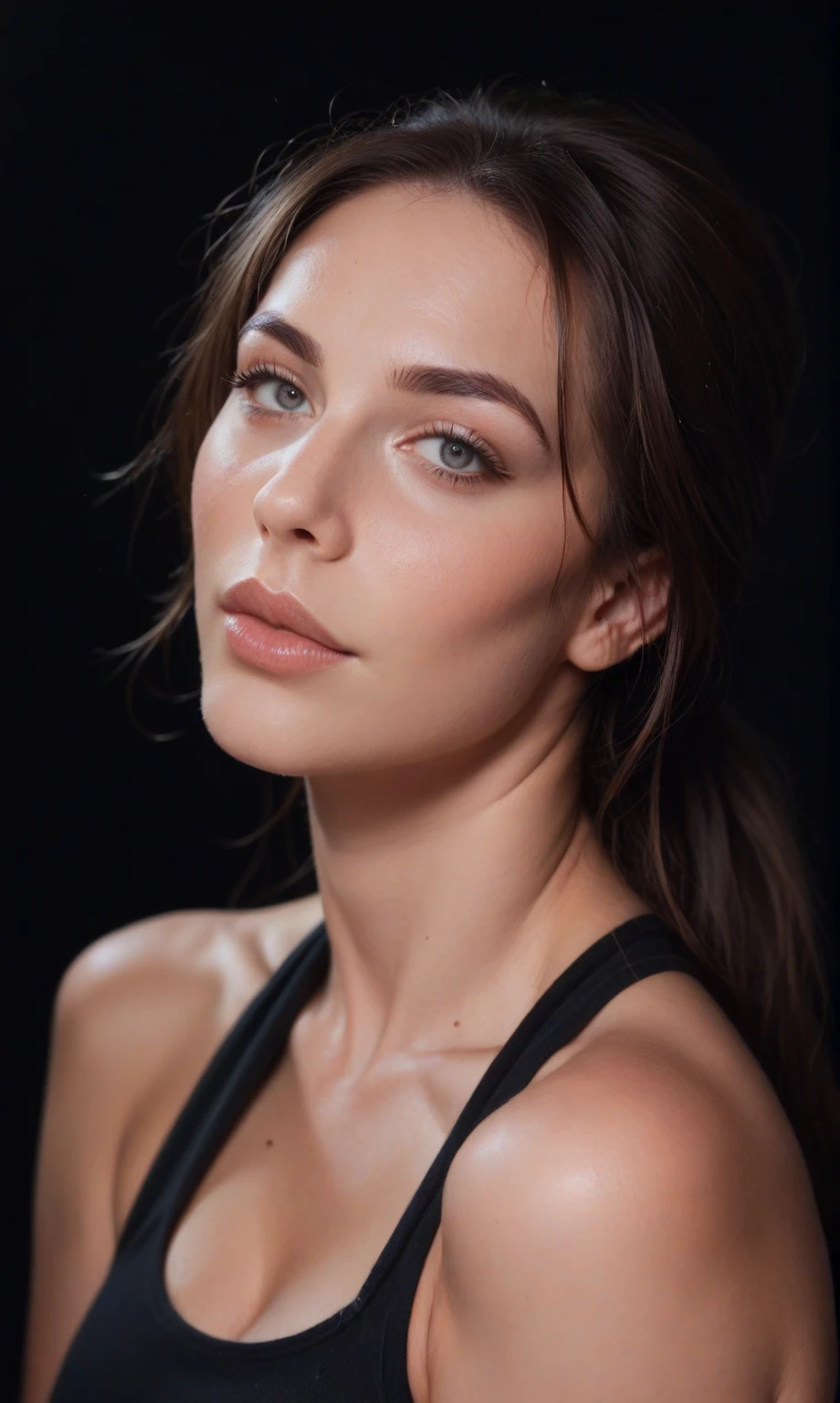 score_9, score_8_up, score_7_up, score_6_up, score_5_up, score_4_up, realistic style, photo, photorealistic, high detail, (sharp), Lara Croft portrait, (dark, dark background), soft spot light, (high detail face, detailed skin texture, detailed eyes)