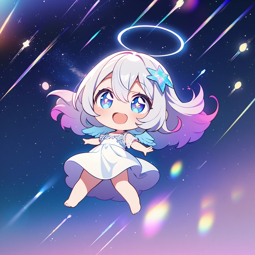 Masterpiece, top quality, 4k, ((2D illustration)), one beautiful girl, solo, ((vivid colors)), (((chibi style))), ((angel)), ((angel wings on her back)), ((long beautiful hair)), glossy light silver hair, gradient hair color, cute, beautiful detailed eyes, hair between eyes, ((hair ornament)), ((lacy short sleeve white dress)), barefoot, ((full body shot)), ((joyful smile)), ((looking up at the night sky)), ((floating in the sky)), cool colors, ((shooting stars)), ((night)), (((lens flare))), white light, ((starry sky)), sparkle